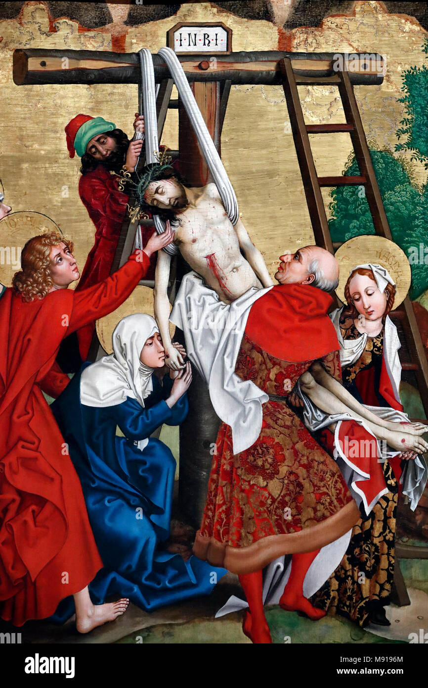 Unterlinden Museum.  Christ in his Passion. Jesus is taken down from the cross.  Oil on wood panel. Martin Schongauer. Late 15 th century.  Colmar. Fr Stock Photo