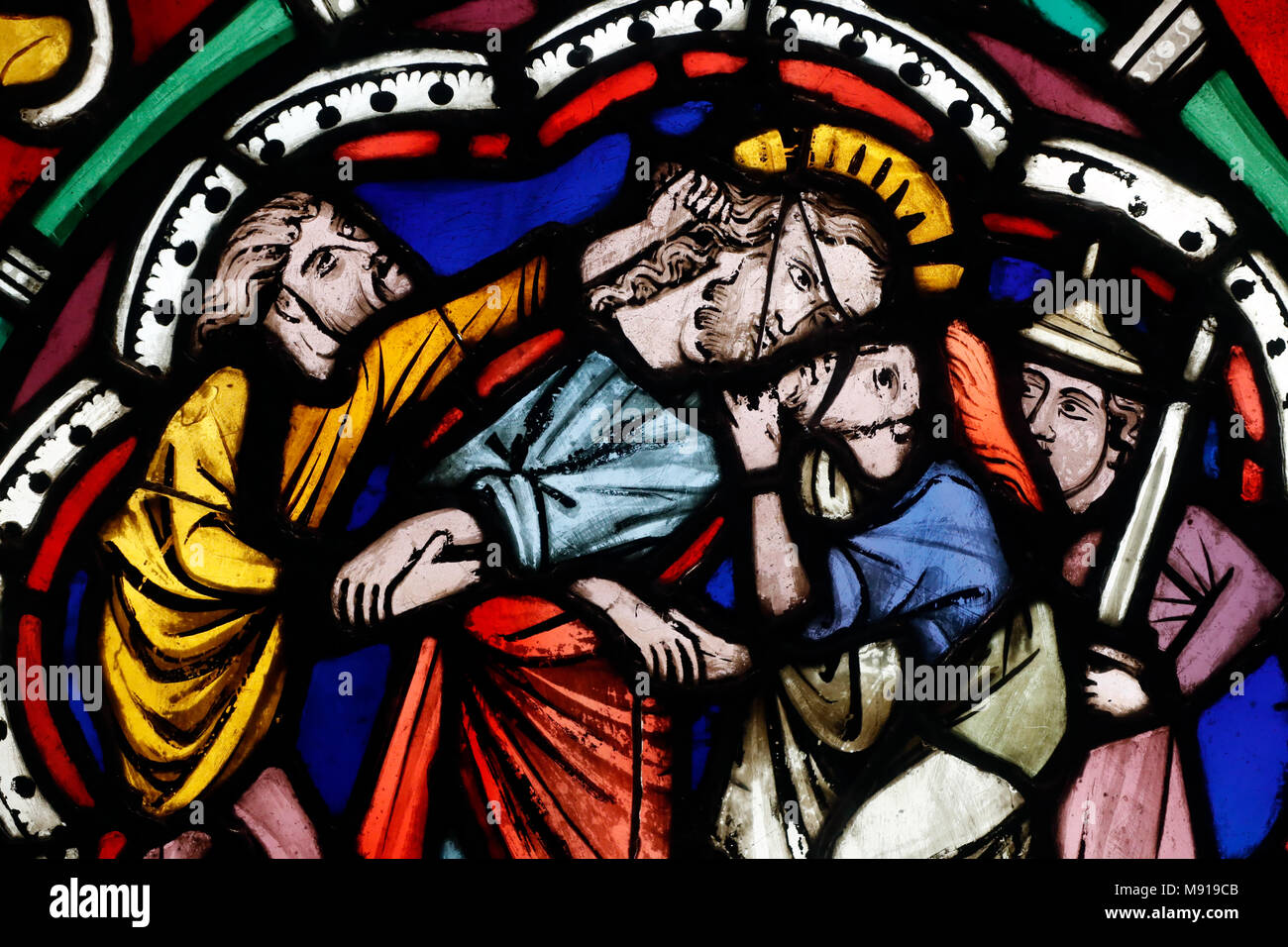 Oeuvre Notre-Dame Museum.  Stained glass window. The kiss of Judas. St Thomas church. 13 th century.  Strasbourg. France. Stock Photo