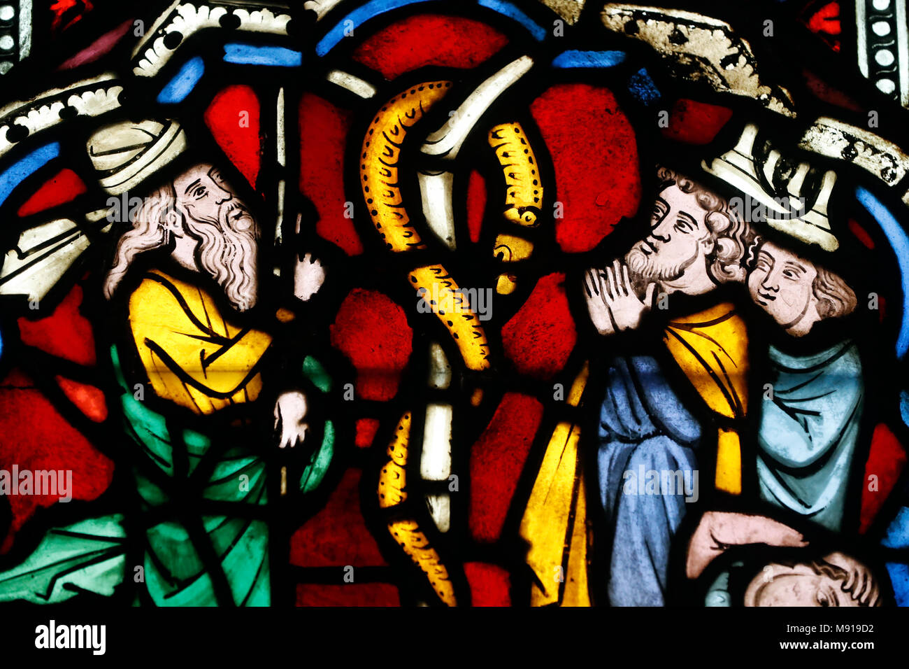 Oeuvre Notre-Dame Museum.  Stained glass window. Moses and the brazen serpent.  St Thomas church. 13 th century.  Strasbourg. France. Stock Photo