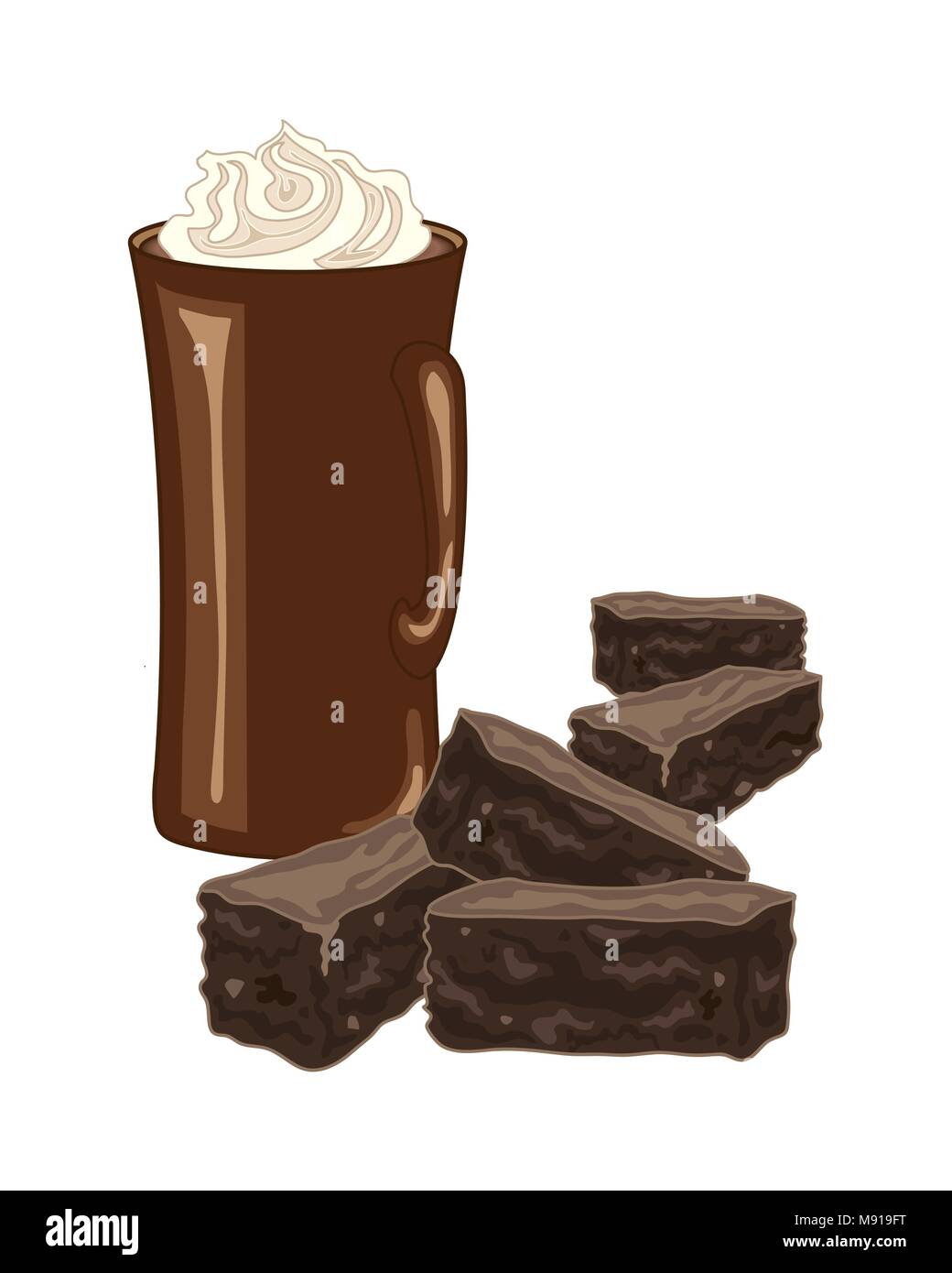 a vector illustration in eps 10 format of chocolate brownies with a mug of coffee and whipped cream swirl on a white background Stock Vector