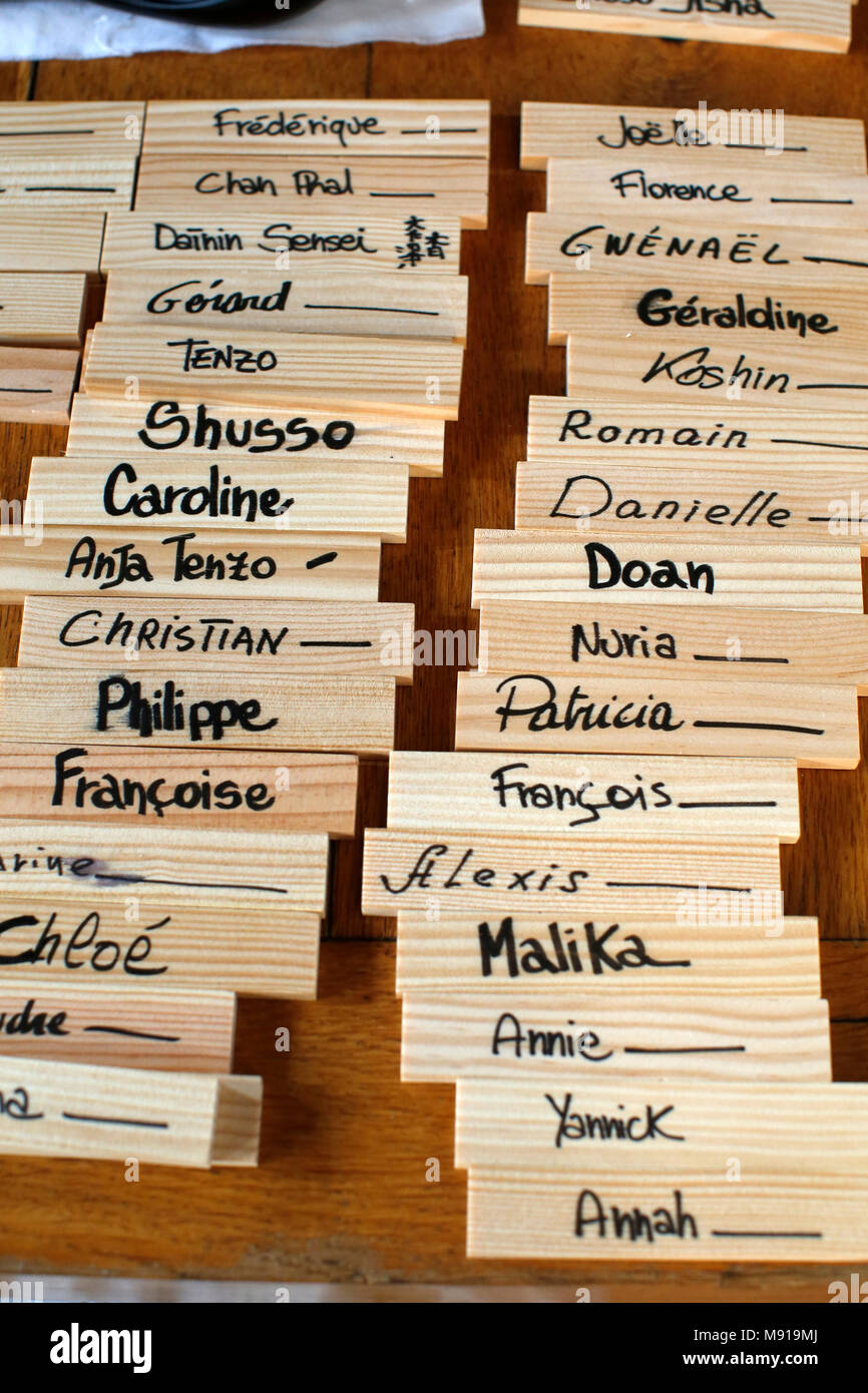 Zen sesshin (retreat). Meal bowl name tags. France. Stock Photo