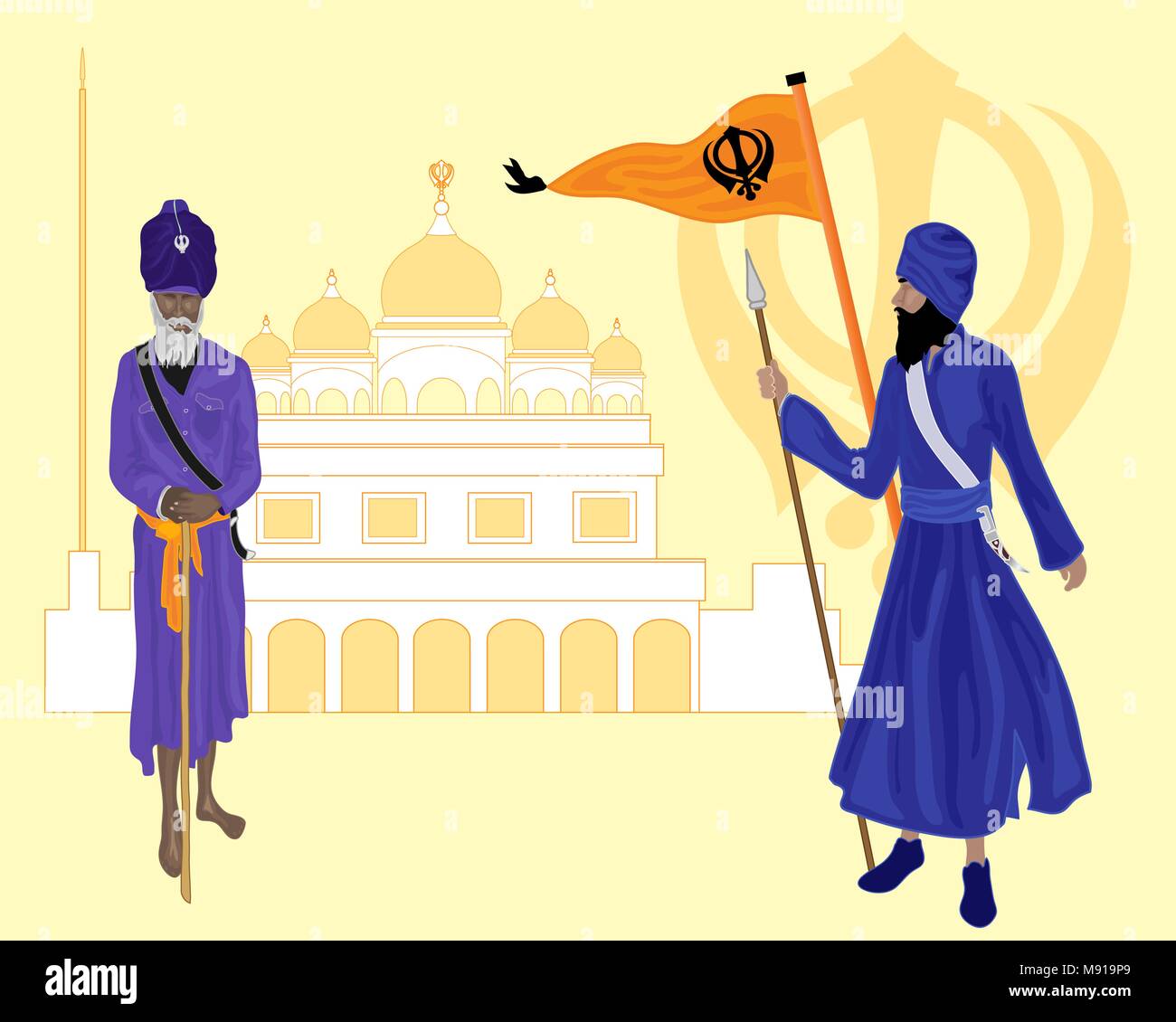 an illustration of two khalsa sikh devotees with gurdwara nishan sahib flag and sikh symbol on a yellow background Stock Vector