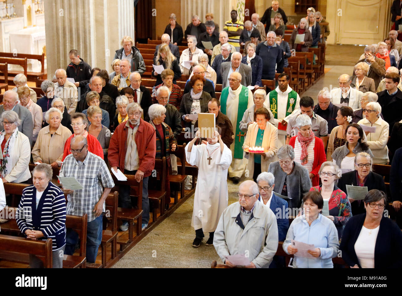 Saint-Jacques church.  Sunday morning catholic mass.   Sallanches. France. Stock Photo