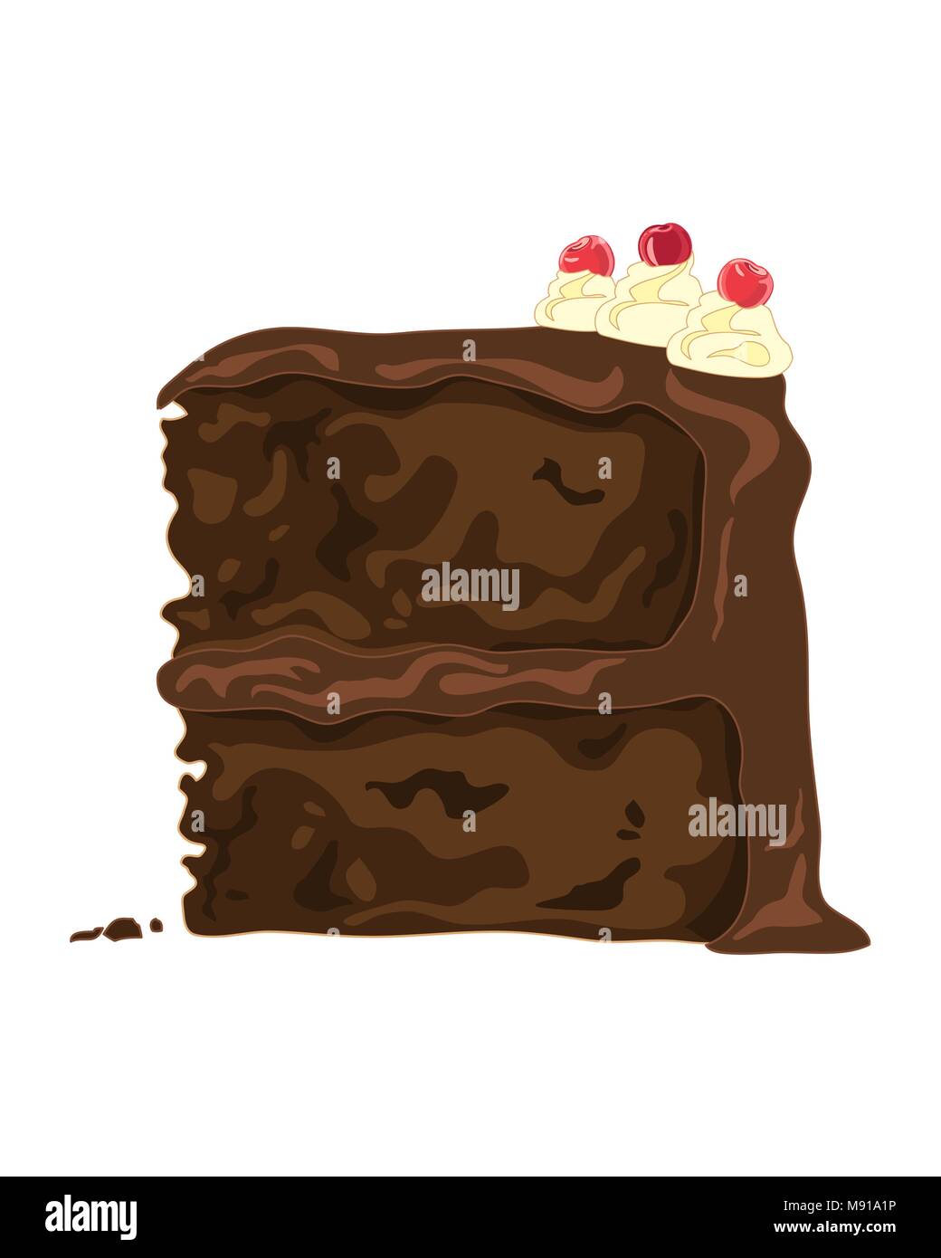 a vector illustration in eps 8 format of a slice of chocolate cake with cream swirls and cherry decoration on a white background Stock Vector