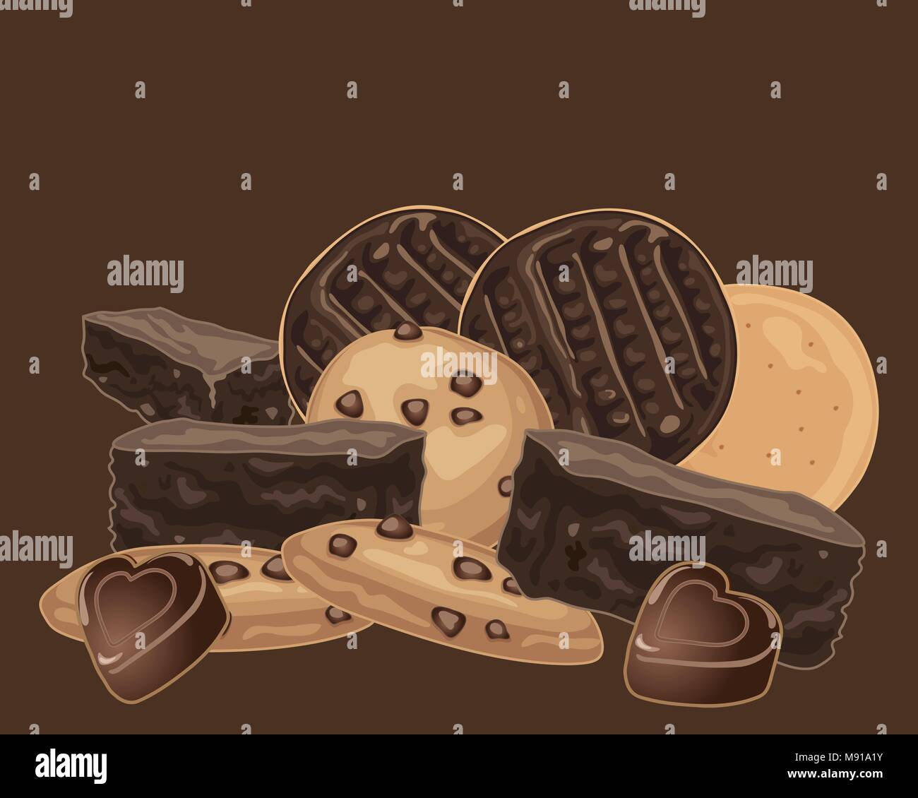 a vector illustration in eps 10 format of a stack of chocolate treats including chocolate chip cookies and chocolate brownies on a dark background Stock Vector