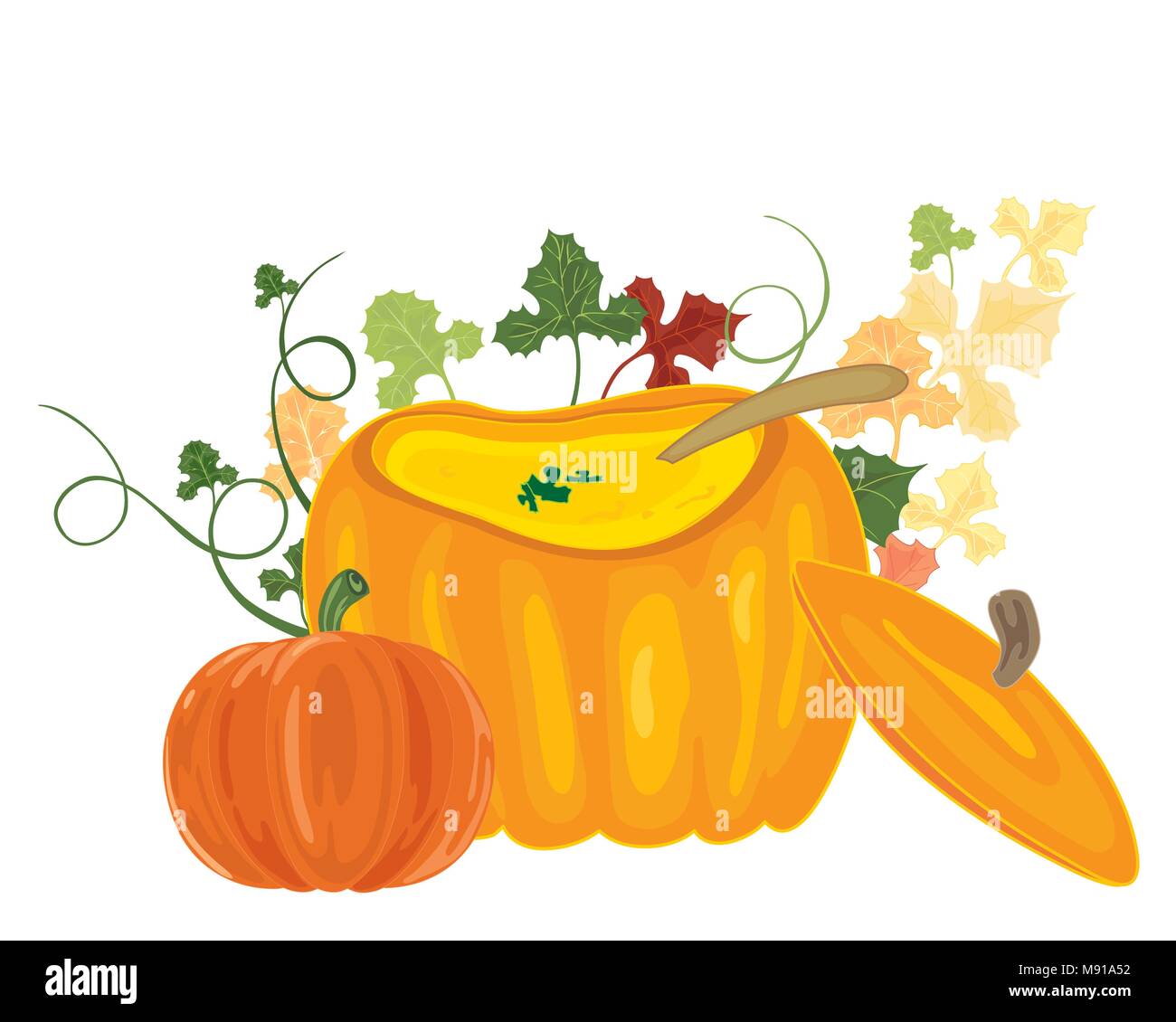 a vector illustration in eps format of savory soup in a bowl made from a pumpkin with lid and foliage in a white background Stock Vector