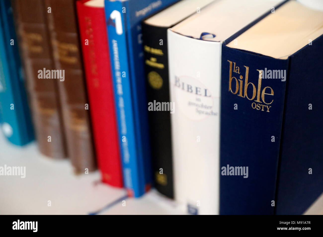 The Holy Bible in different languages. Strasbourg. France Stock Photo