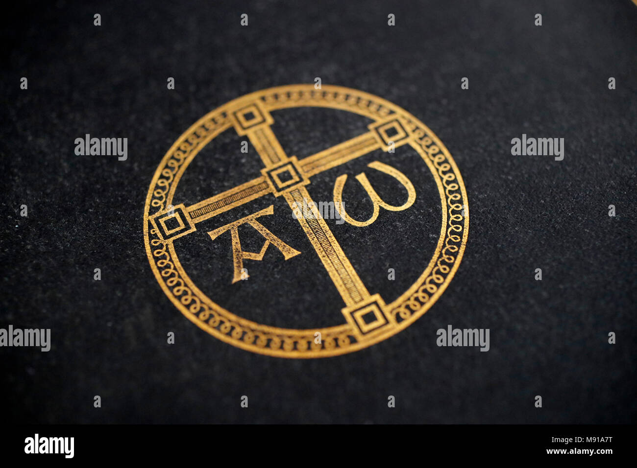 The Greek letters alpha and omega as christian symbols.  Strasbourg. France. Stock Photo