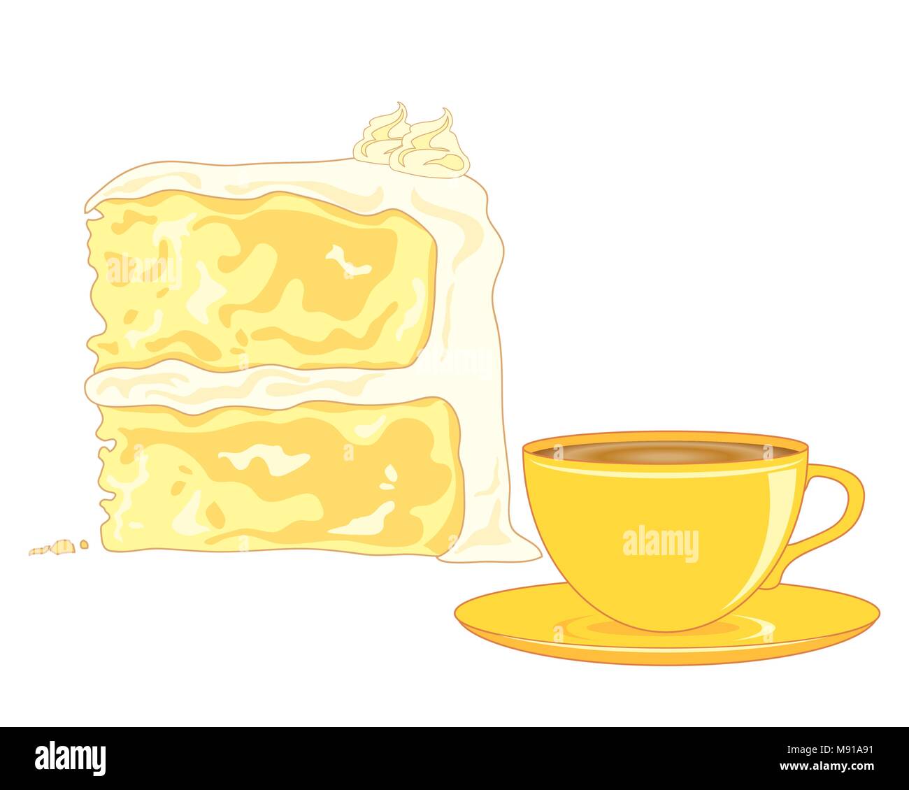 a vector illustration in eps 10 format of a butter sponge cake  and a cup of tea on a white background Stock Vector