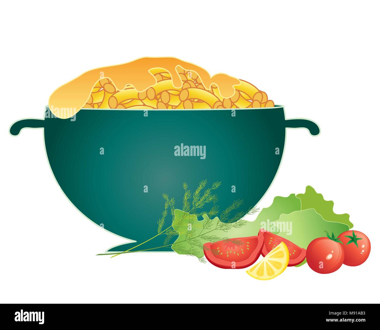 a vector illustration in eps 10 format of a big bowl of traditional  macaroni with cheese topping and fresh salad garnish on a white background  Stock Vector Image & Art - Alamy