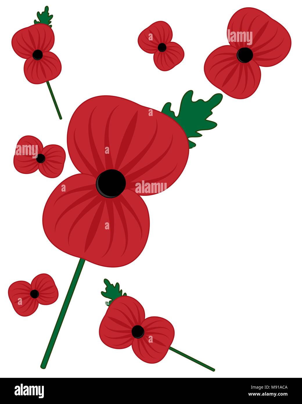 a vector illustration in eps 8 format of bright red remembrance poppy with green leaf and stalk on a white background Stock Vector