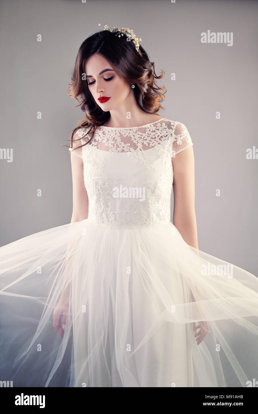 Beauty Fashion Portrait of Pretty Fiancee wearing White Wedding Dress ...