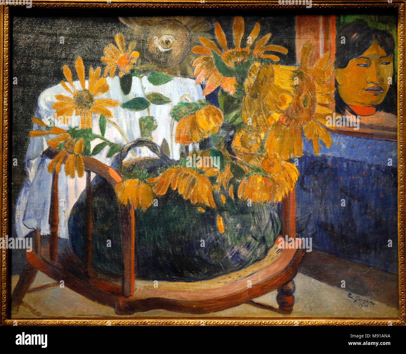 Paul Gauguin, Sunflowers, Tahiti, 1901, oil on canvas. Shchukin Collection, Ermitage museum, St Petersburg. Shot while exhibited in Paris, France. Stock Photo