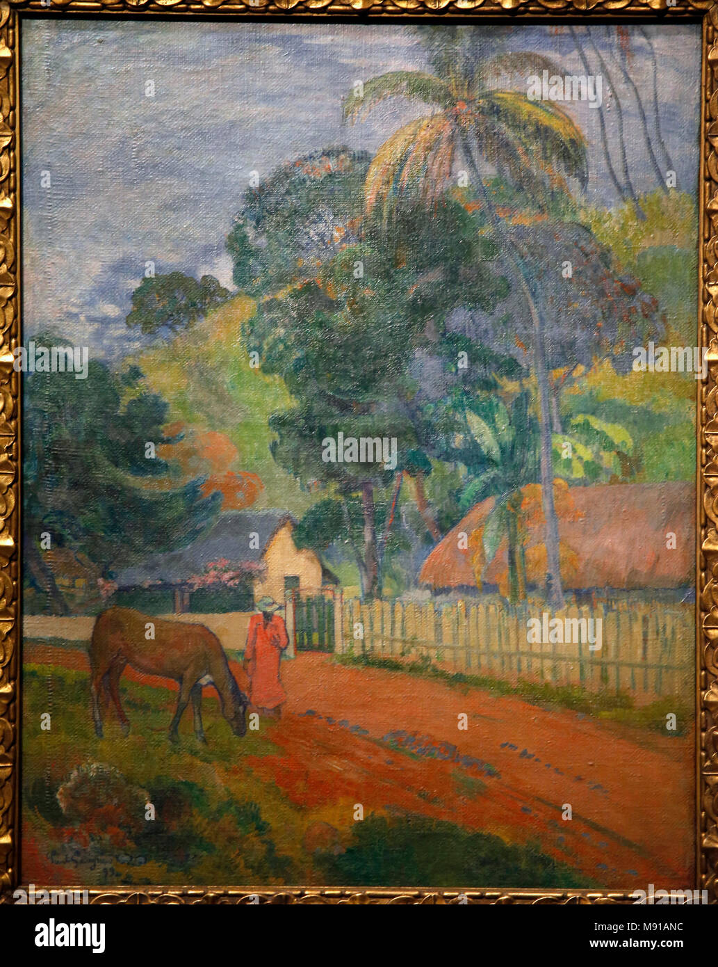 Paul Gauguin, Landscape (A horse on a road, Tahiti), 1899, oil on canvas. Shchukin Collection, Pushkin Fine Art Museum, Moskow. Shot while exhibited i Stock Photo