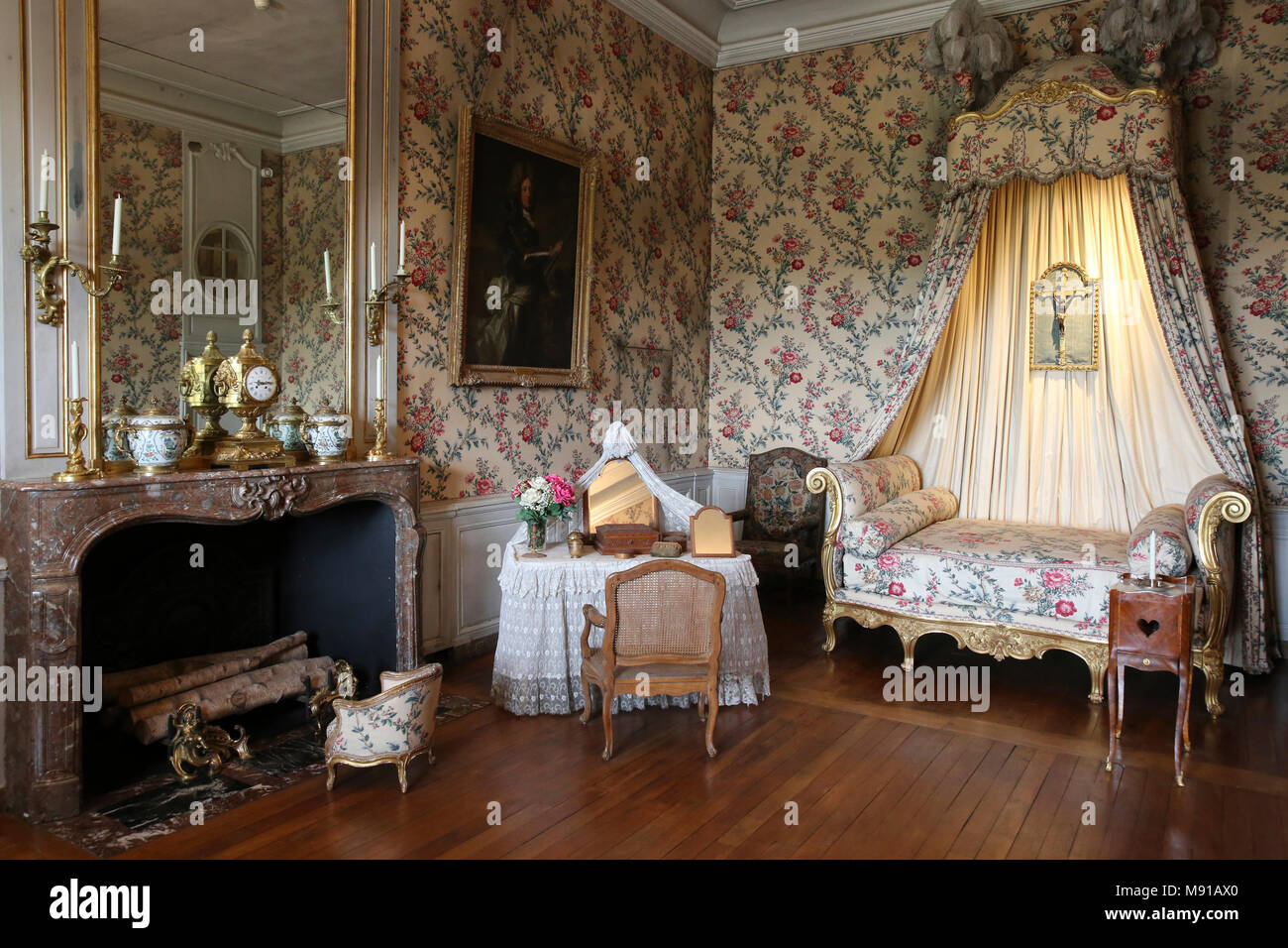 Vaux-le-vicomte castle. Louis XV bedroom. France. Stock Photo