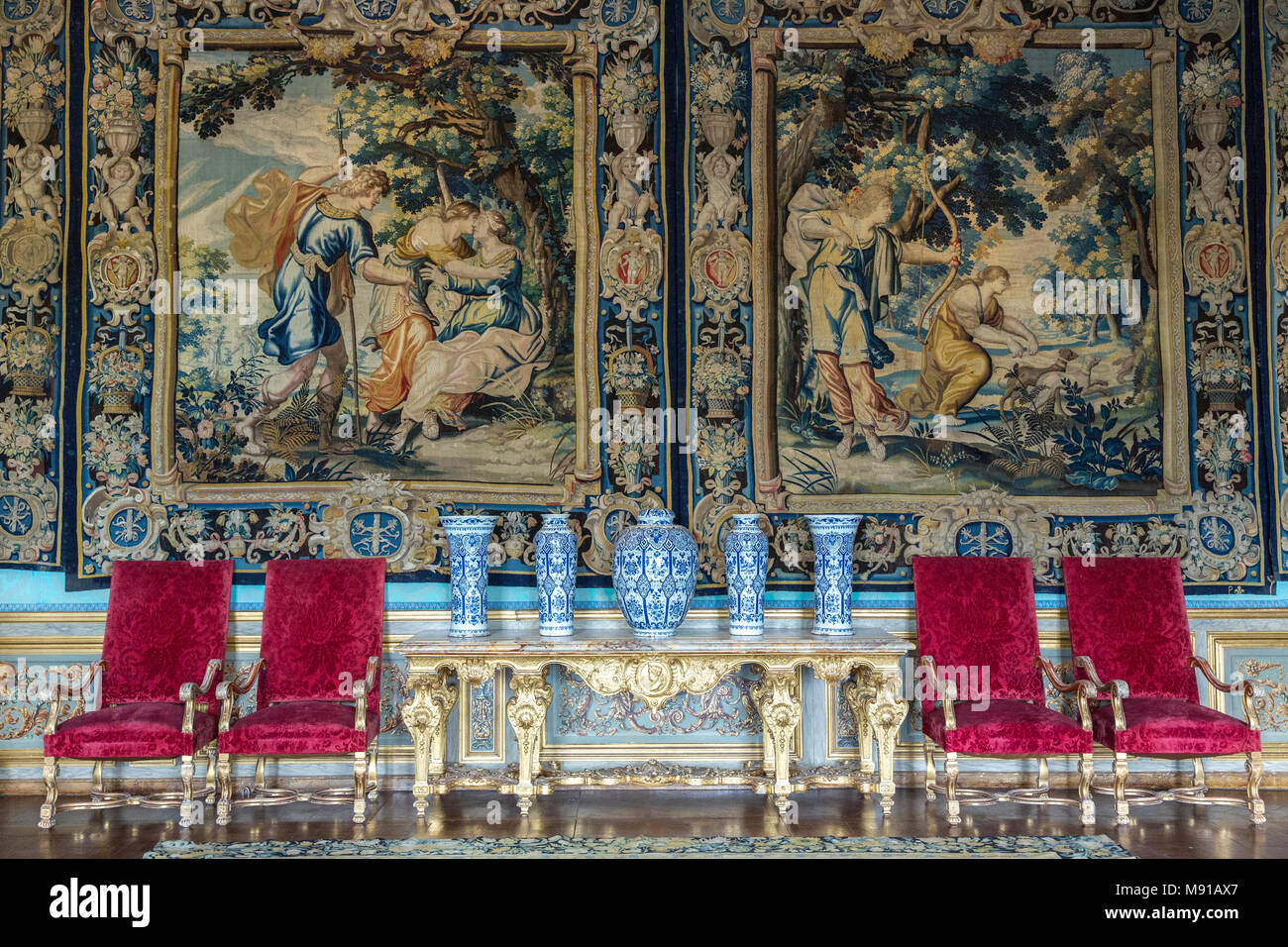 Vaux-le-vicomte castle. Muse room. Diana tapestries. France. Stock Photo