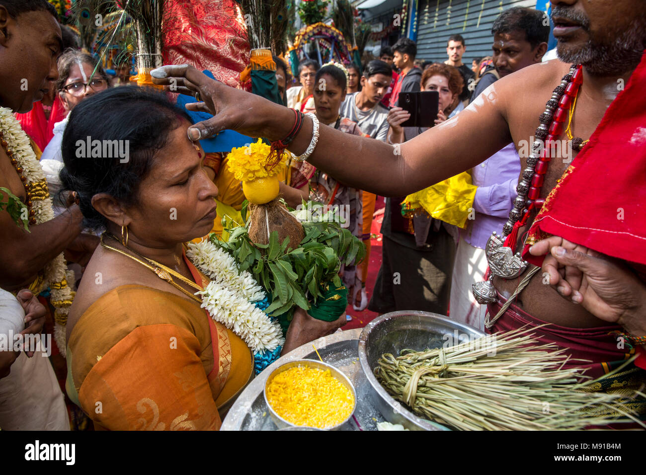 Ganesh festival in Paris. Blesssing of participants. France. Stock Photo