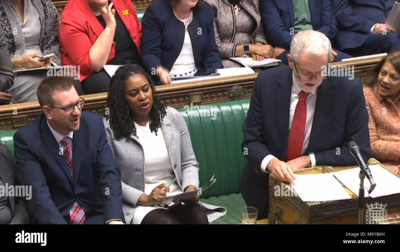 Shadow Communities Secretary Andrew Gwynne listens to Labour leader Jeremy Corbyn during Prime Minister's Questions in the House of Commons, London. Stock Photo