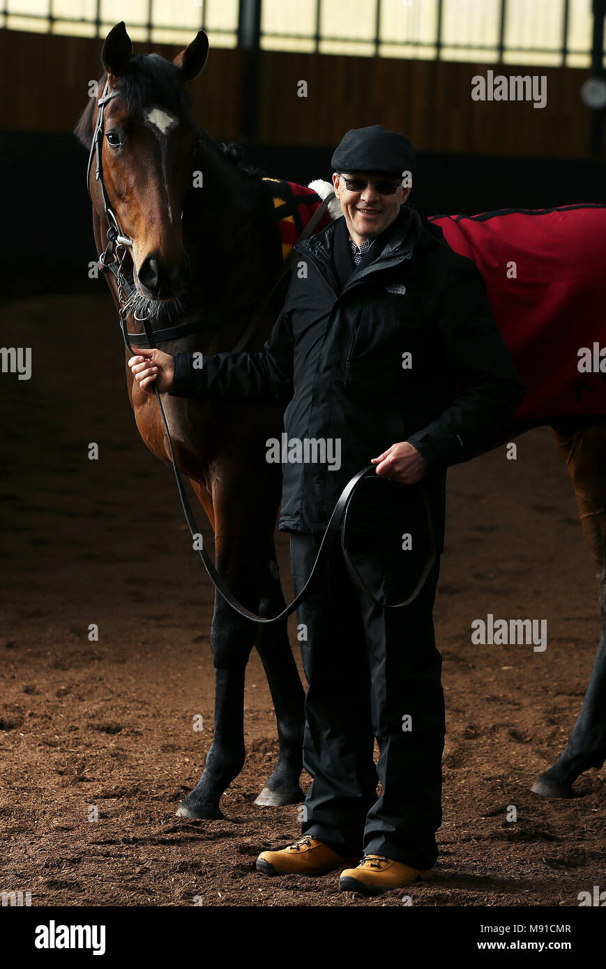 Aidan O'Brien with Kew Gardens at Ballydoyle Racing Stables, County Tipperary, during the launch of 2018 Irish Flat Season. PRESS ASSOCIATION Photo. Picture date: Wednesday March 21, 2018. Photo credit should read: Brian Lawless/PA Wire Stock Photo