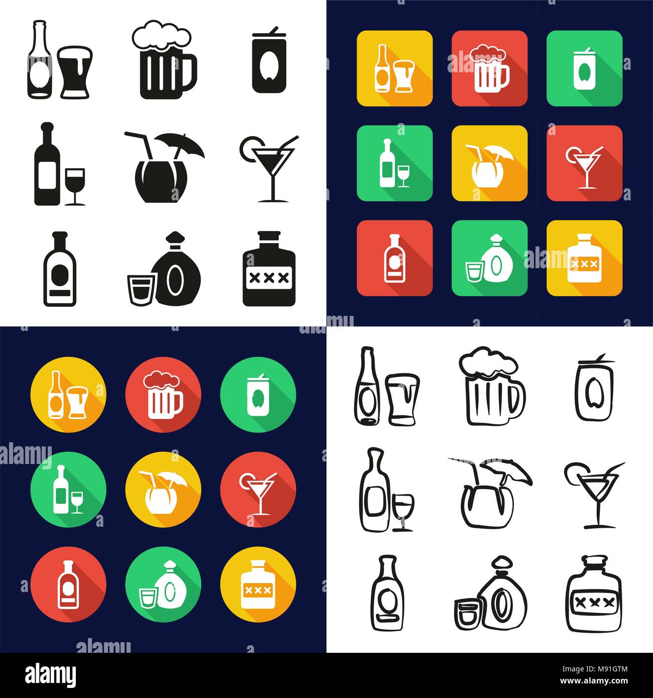 Alcohol All in One Icons Black & White Color Flat Design Freehand Set Stock Vector