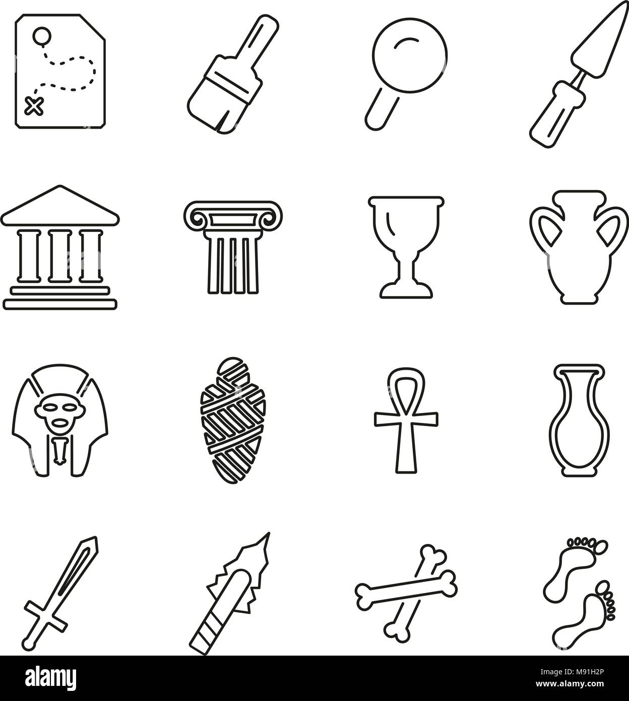 Archaeology Artifacts & Equipment Icons Thin Line Vector Illustration Set Stock Vector