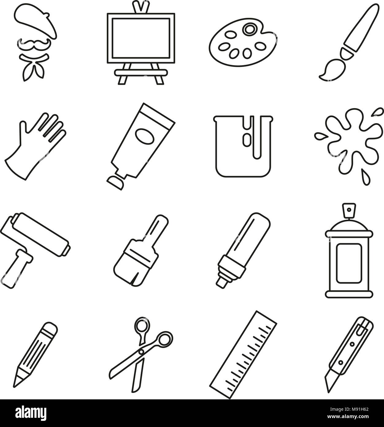 Artist or Painter Icons Thin Line Vector Illustration Set Stock Vector