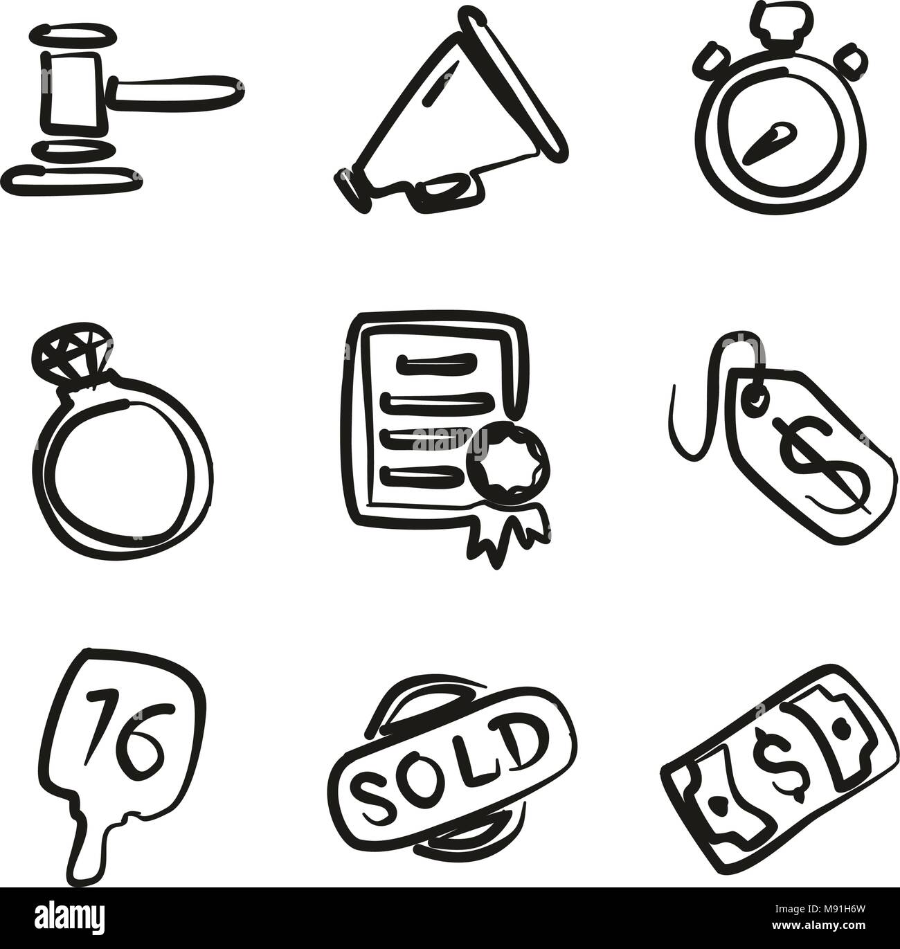 Auction Icons Freehand Stock Vector