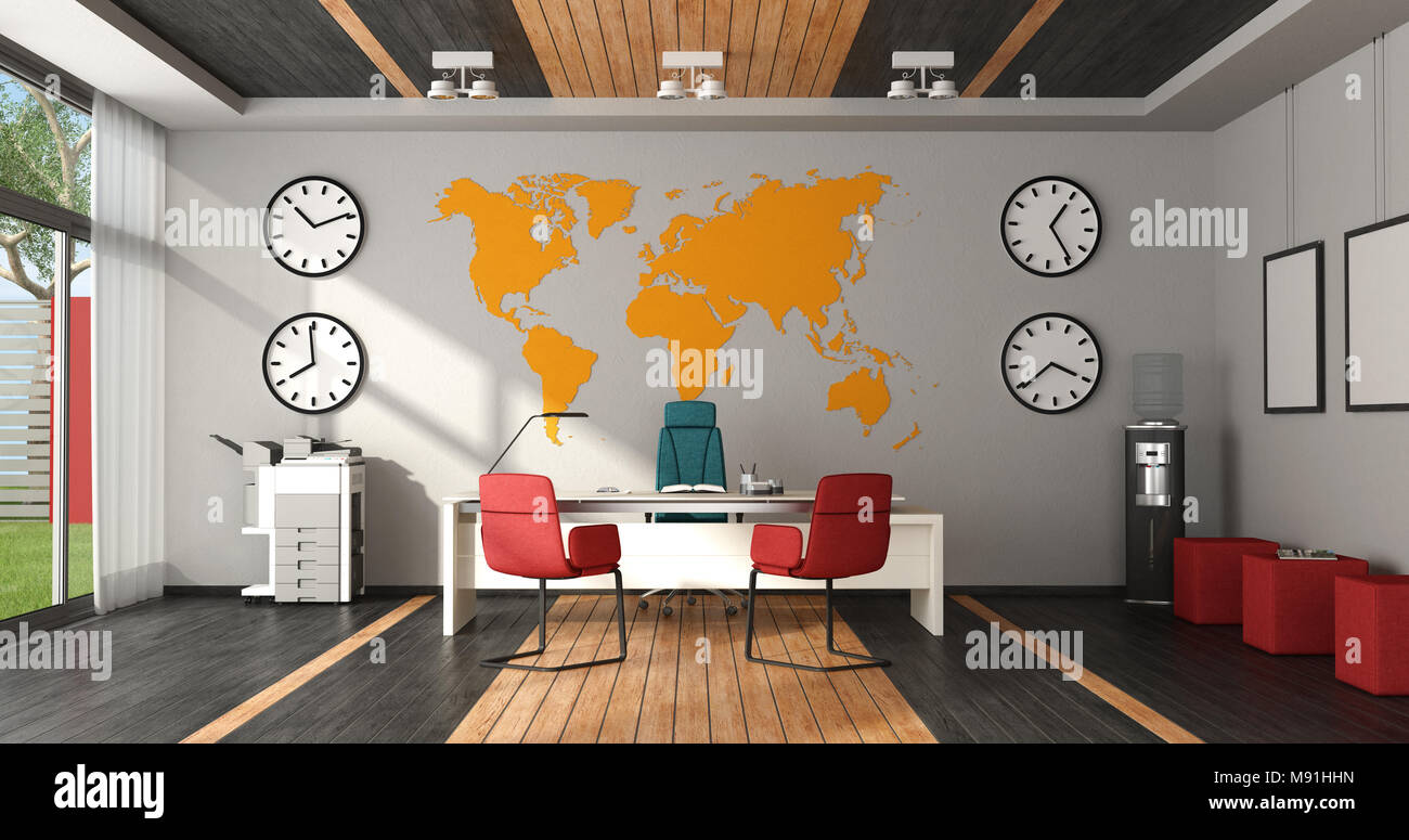 Modern colorful office with desk, chairs and office objects - 3d rendering Stock Photo
