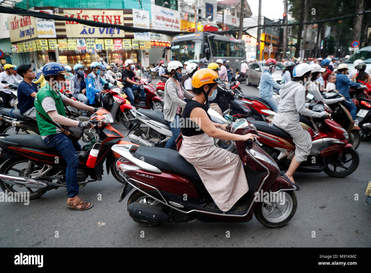 Motorbikes on chaotic street life traffic. Ho Chi Minh City. Vietnam. Stock Photo