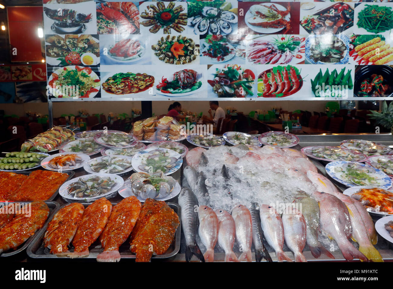 Seafood restaurant in Duong Dong town.  Fish ans seashells. Phu Quoc. Vietnam. Stock Photo