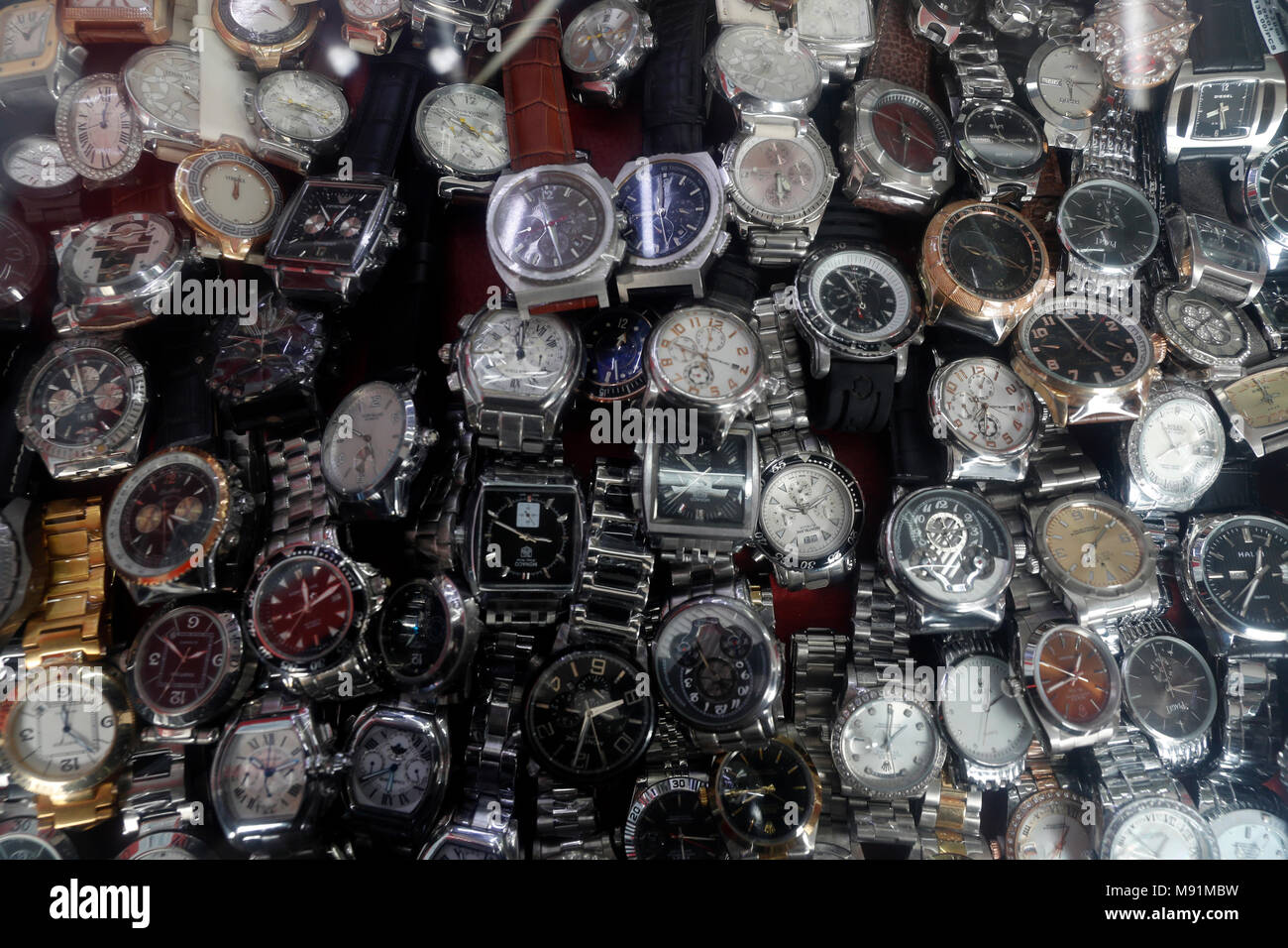 Wrist watches on sale on stall. Hanoi. Vietnam. Stock Photo