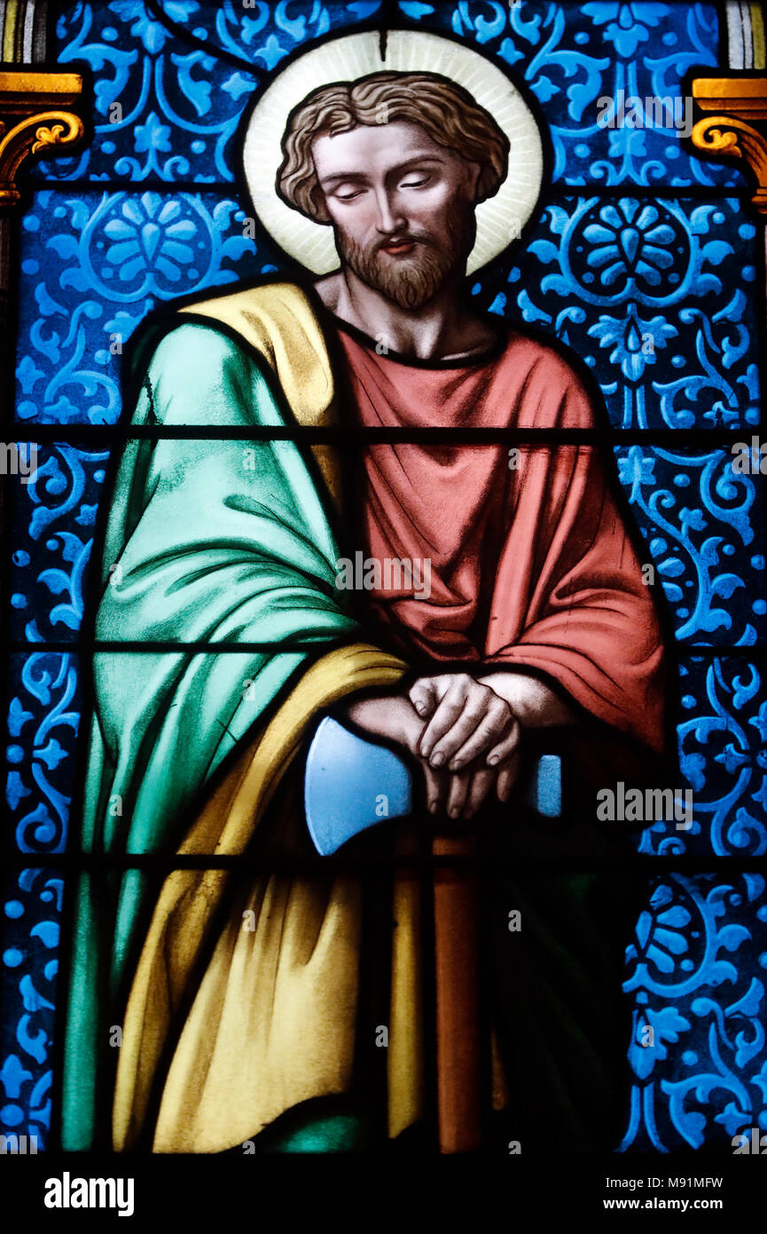 Saint Joseph Cathedral (Nha Tho Lon).  Stained glass window. Jude the Apostle.  Hanoi. Vietnam. Stock Photo