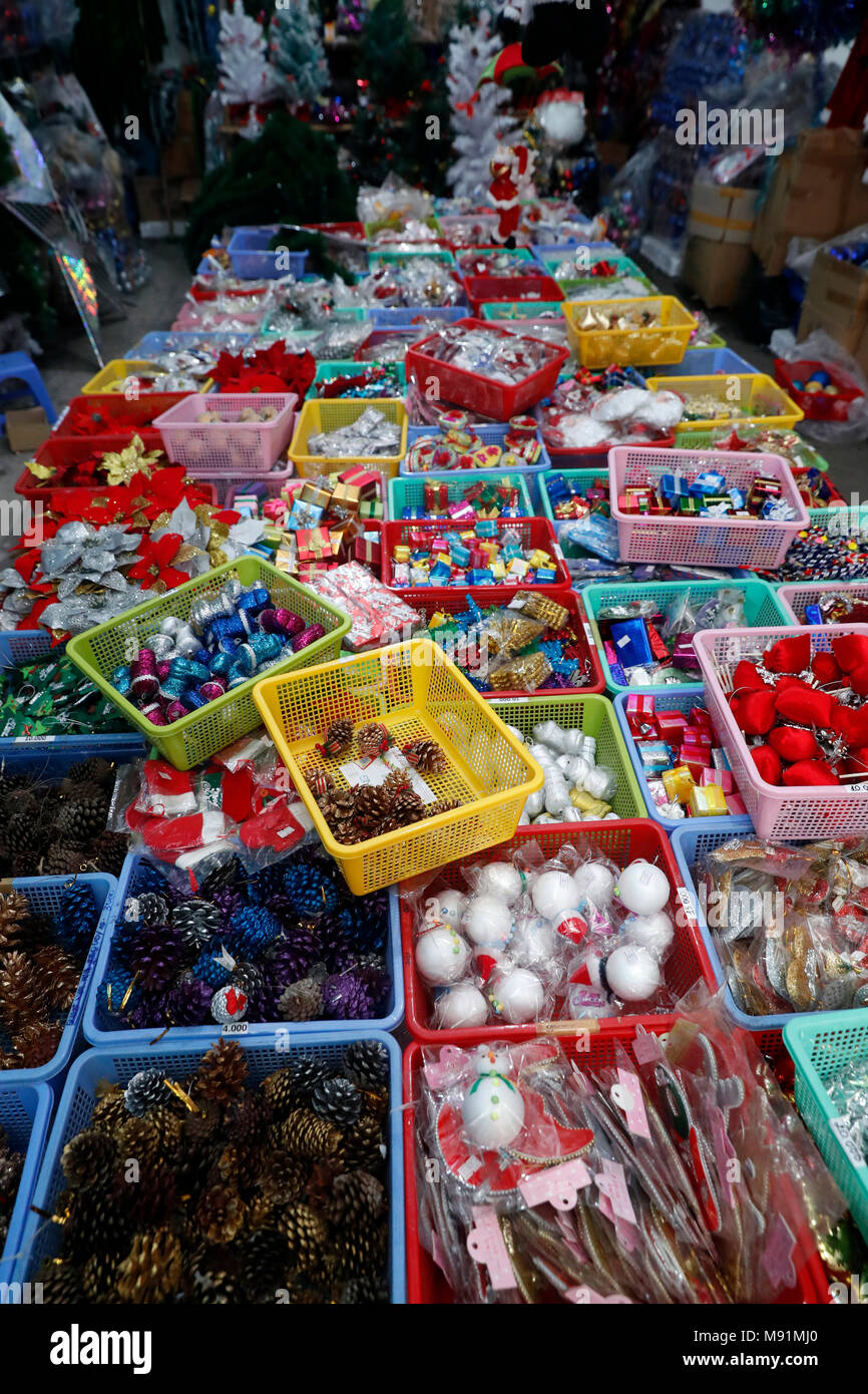 Christmas market.  Christmas balls for sale.  Ho Chi Minh City. Vietnam. Stock Photo