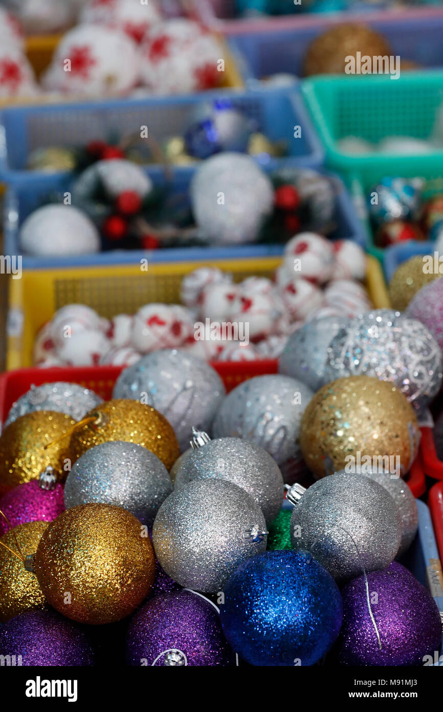 Christmas market.  Christmas balls for sale.  Ho Chi Minh City. Vietnam. Stock Photo