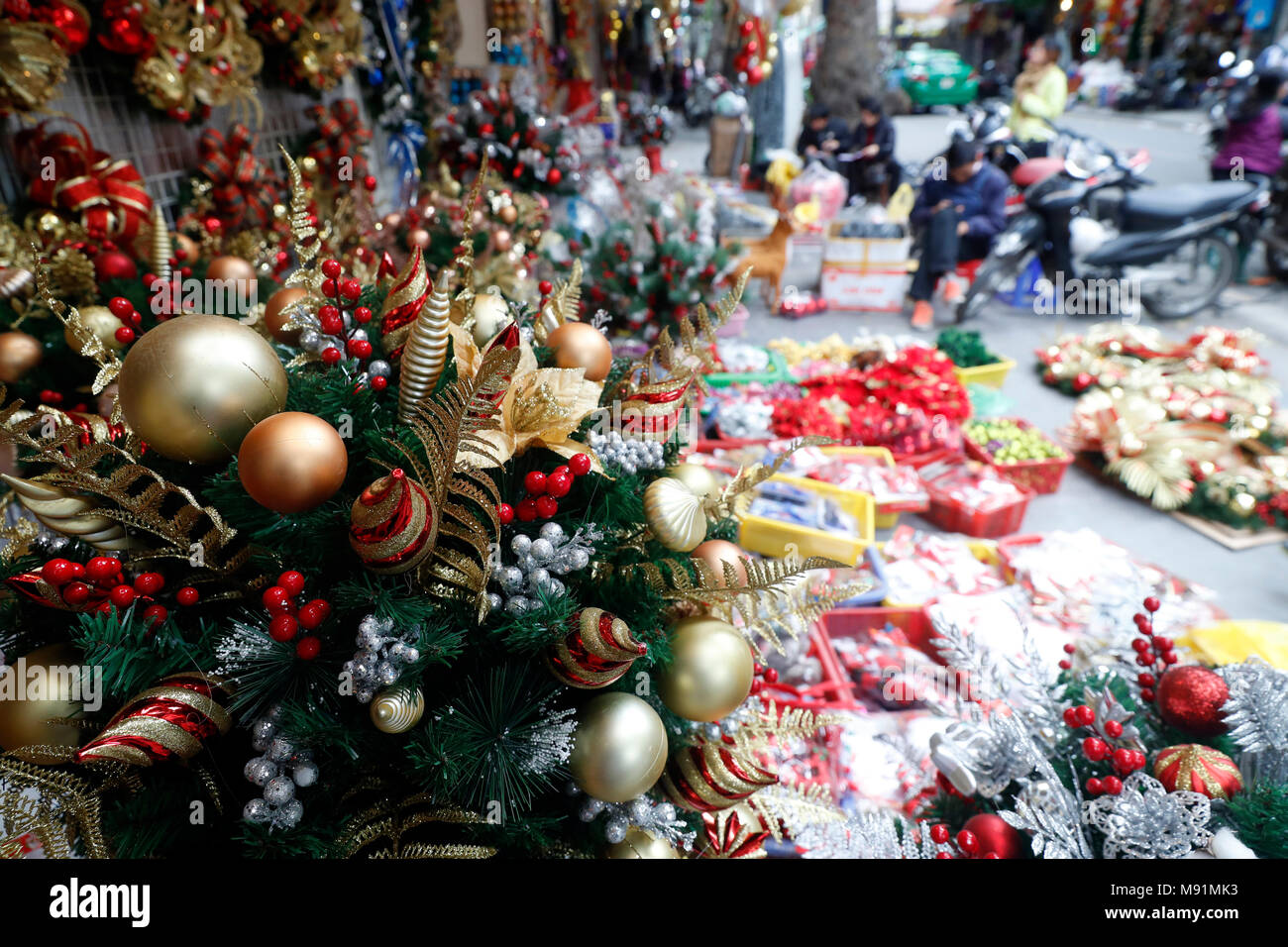Christmas market. Christmas decoration tree. Hanoi. Vietnam. Stock Photo