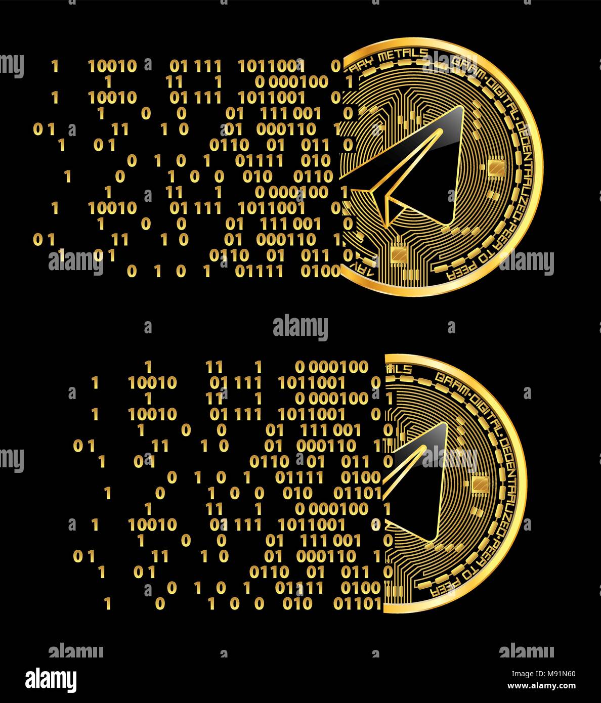 Set of crypto currency golden coins with black lackered gram symbol on  obverse isolated on black background. Vector illustration. Use for logos,  print Stock Vector Image & Art - Alamy