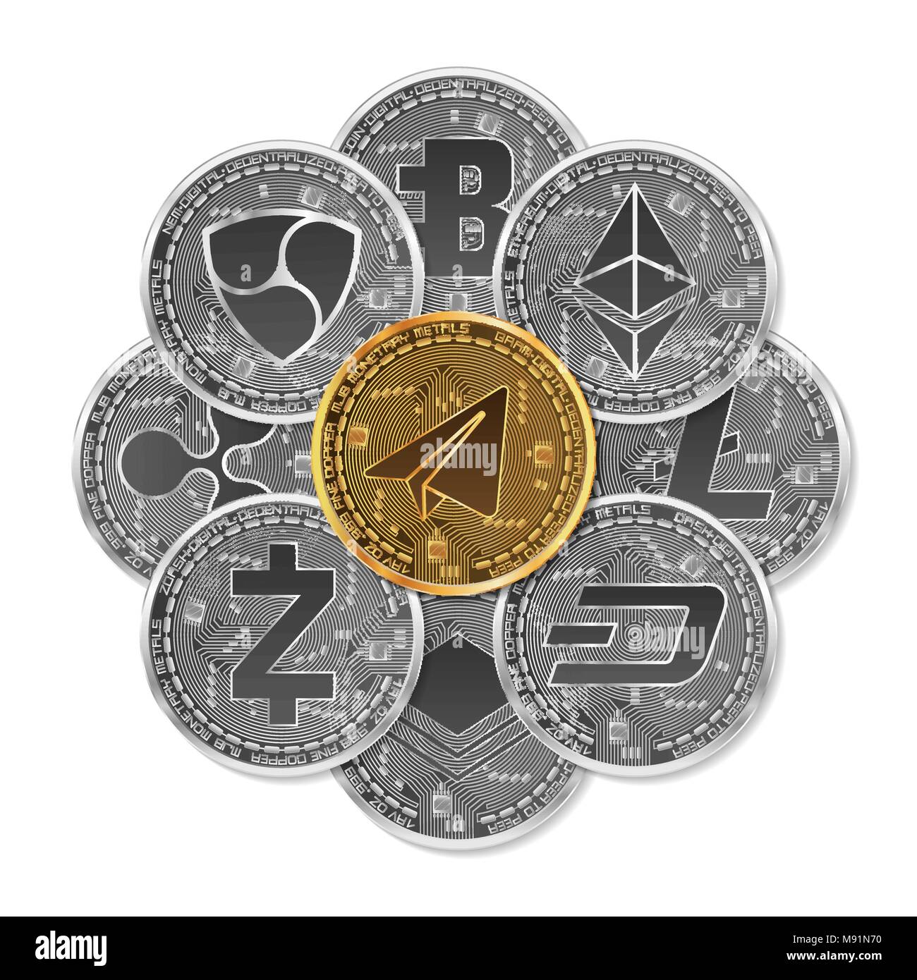 Set of gold and silver crypto currencies with golden gram in front of other  crypto currencies as leader isolated on white background. Vector illustrat  Stock Vector Image & Art - Alamy