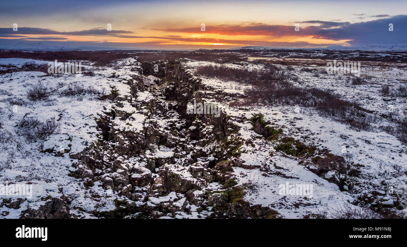 Almannagja Fissure, Thingvellir National Park, Iceland. This image is shot using a drone. Stock Photo