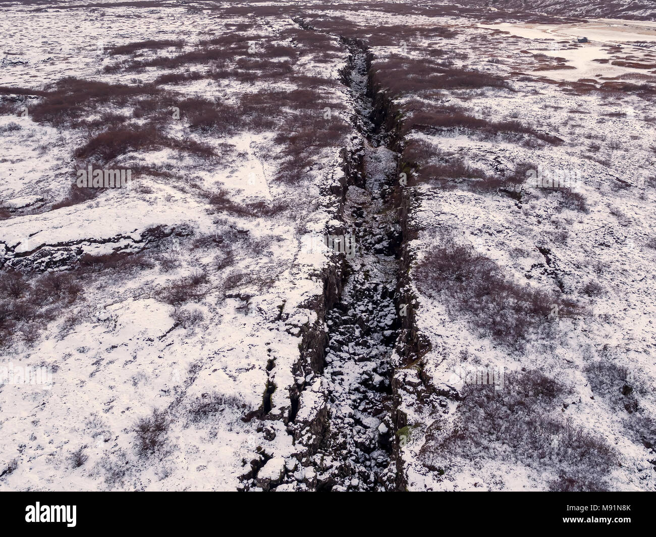 Almannagja Fissure, Thingvellir National Park, Iceland. This image is shot using a drone. Stock Photo