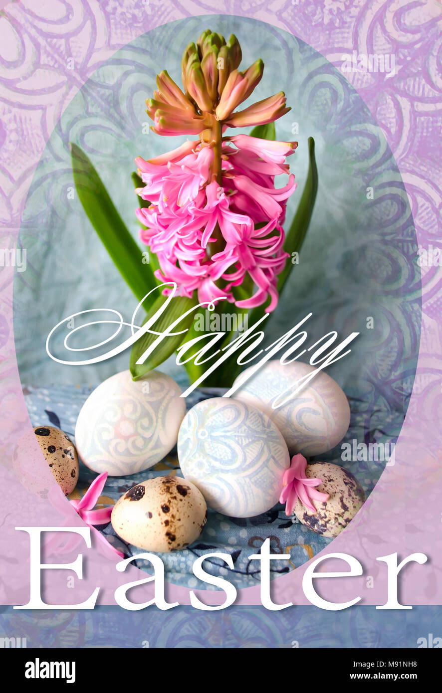 Happy Easter holiday card with pink hyacinth and easter eggs. Colorful easter background. Stock Photo