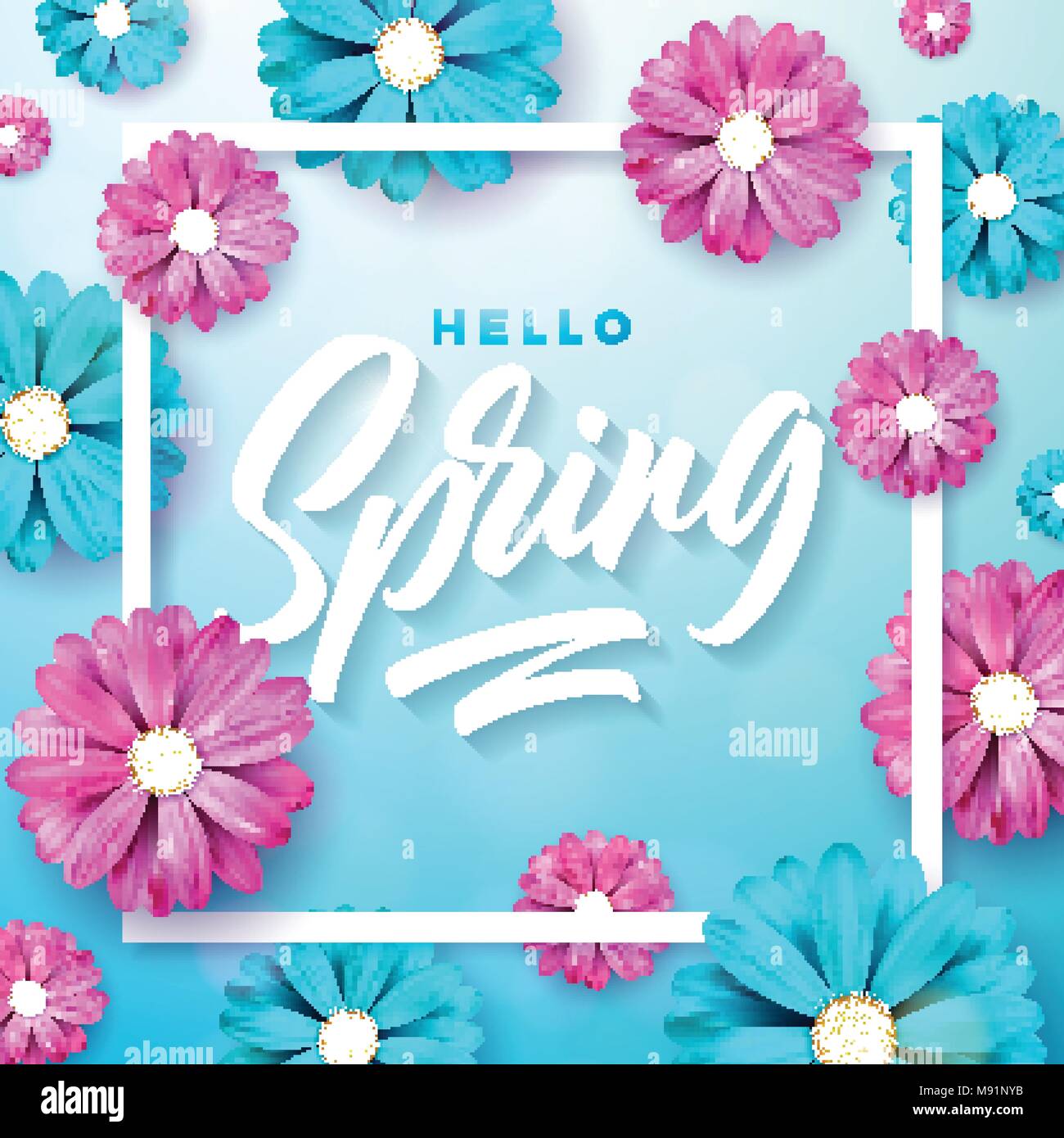 Vector Illustration on a spring nature theme with beautiful colorful flower on blue background. Floral design template with typography letter. Stock Vector