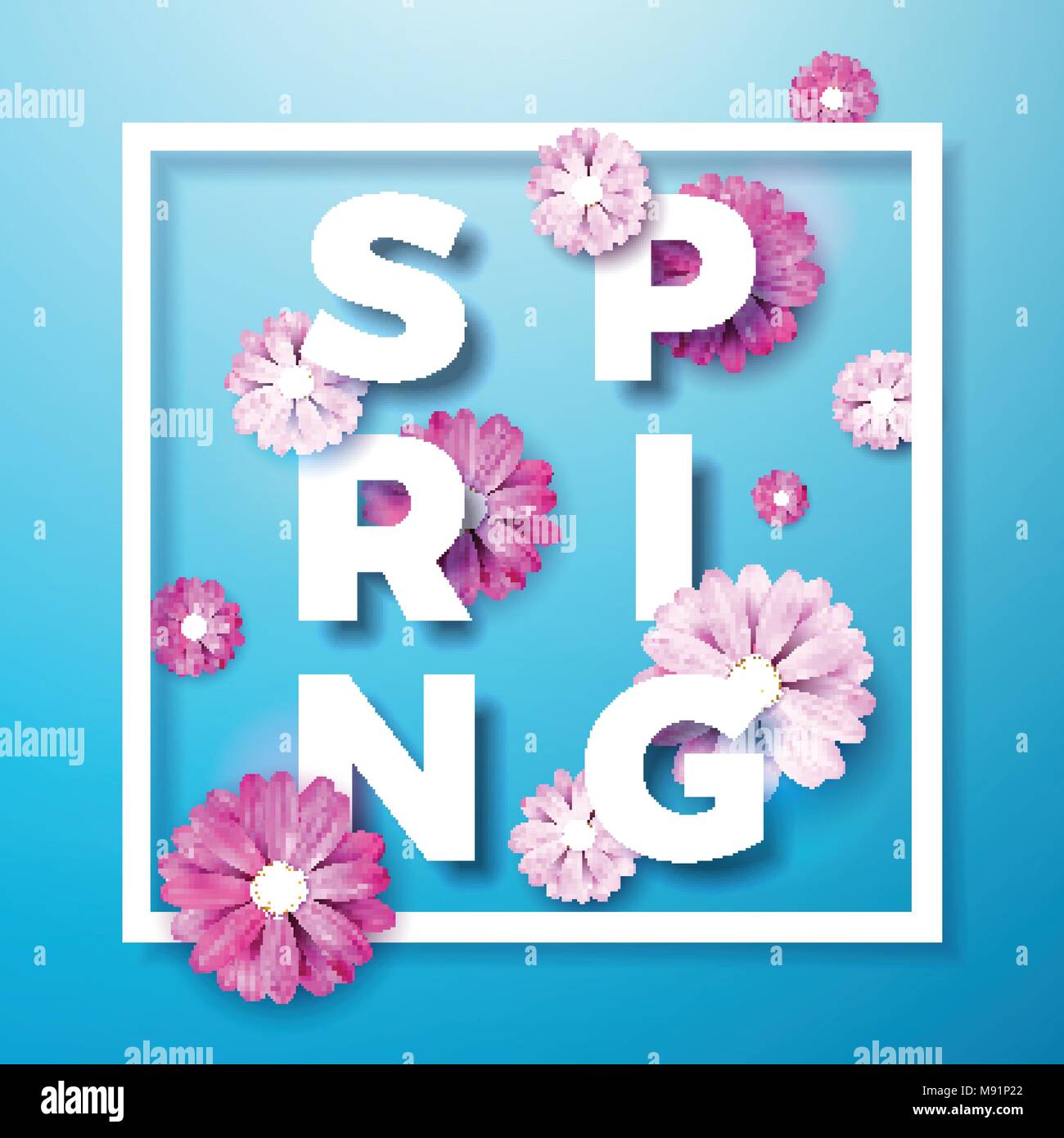 Vector Illustration on a spring nature theme with beautiful colorful flower on blue background. Floral design template with typography letter. Stock Vector