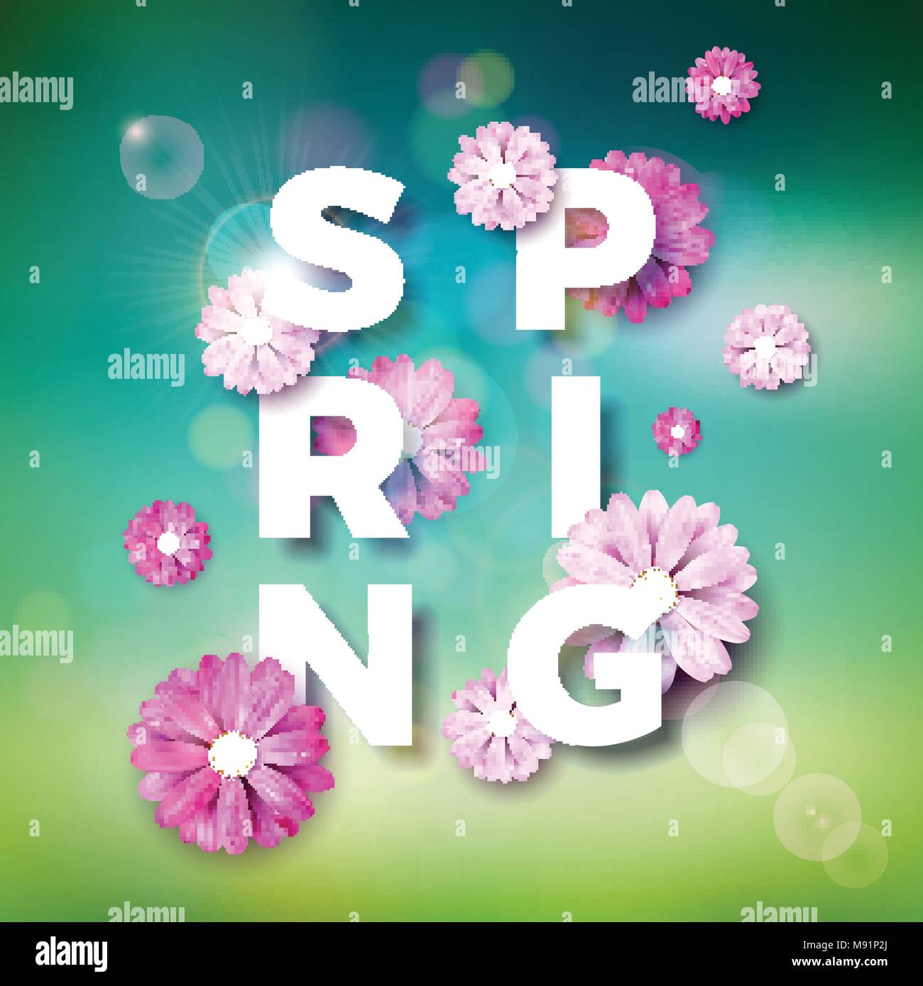 Vector Illustration on a spring nature theme with beautiful colorful flower on blurred landscape background. Floral design template with typography letter. Stock Vector
