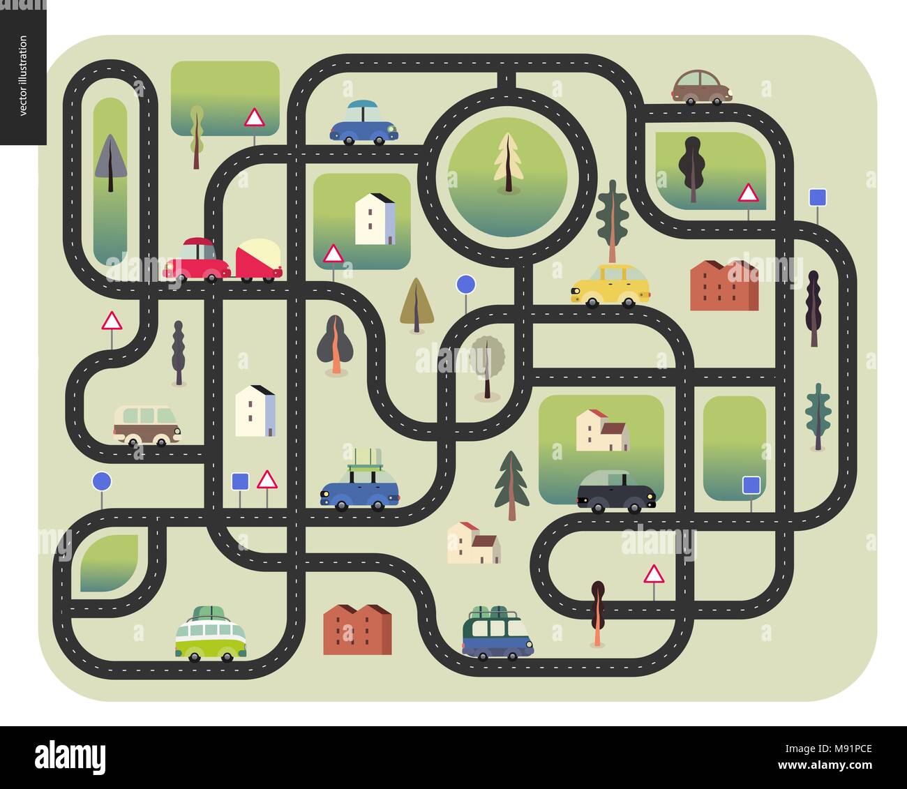 Urban road map - street roads with cars, road signs, trees and houses, top view Stock Vector