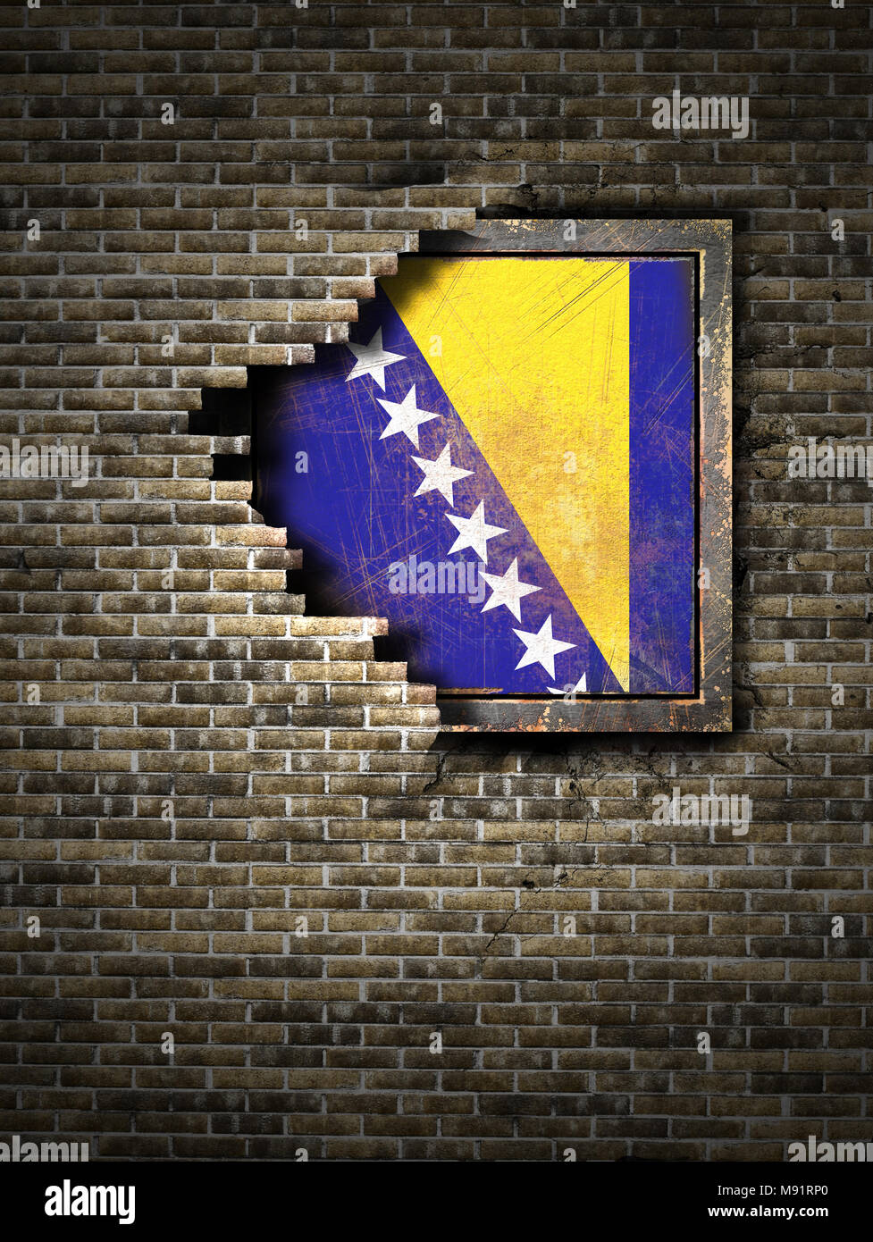 3d rendering of a Bosnia and Herzegovina flag over a rusty metallic ...