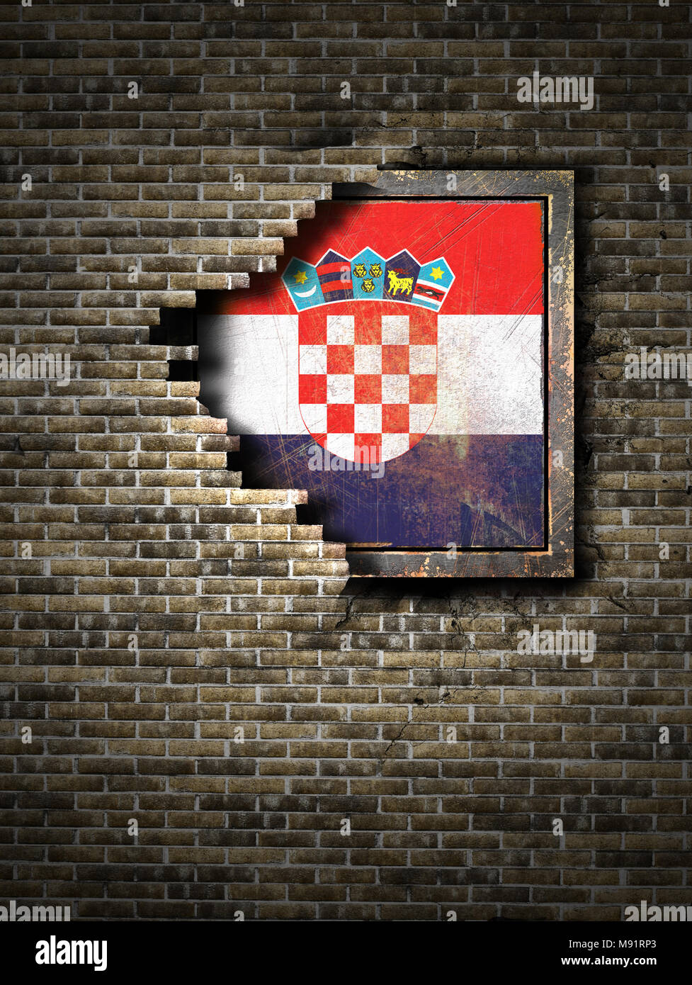 3d rendering of a Croatia flag over a rusty metallic plate embedded on ...