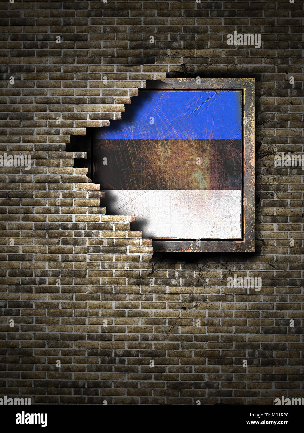 3d rendering of an Estonia flag over a rusty metallic plate embedded on ...