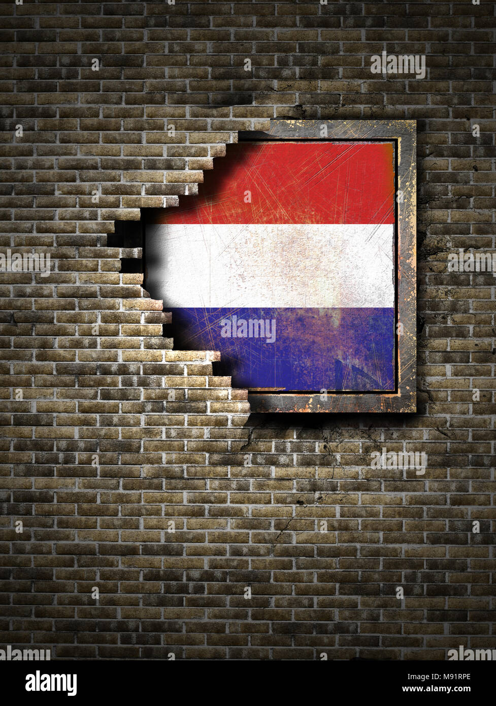 3d rendering of a Holland flag over a rusty metallic plate embedded on ...