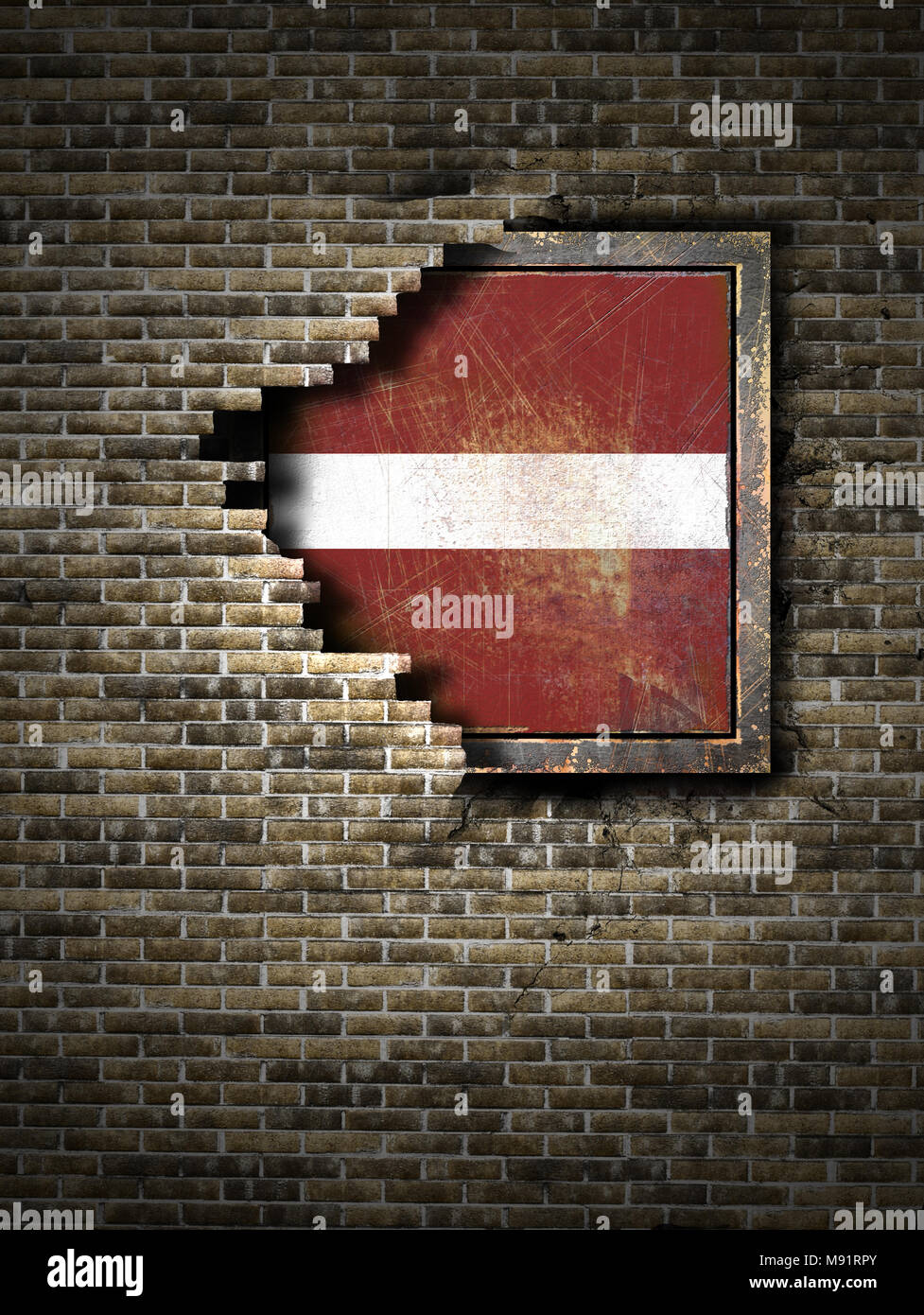 3d rendering of a Latvia flag over a rusty metallic plate embedded on ...