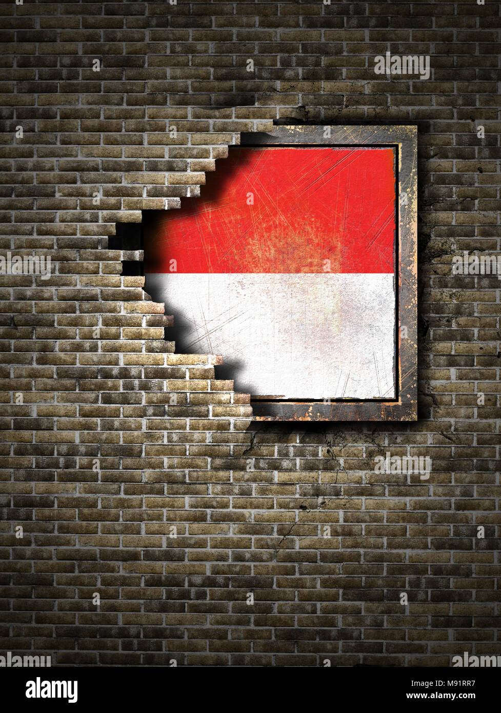 3d rendering of a Monaco flag over a rusty metallic plate embedded on ...
